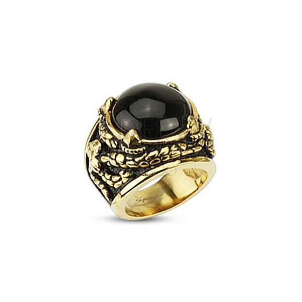 Mohutný prsteň zlatej farby z chirurgickej ocele, ónyx v dračích pazúroch
