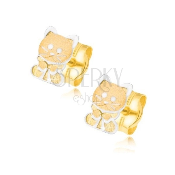 Zlaté náušnice 585 - dvojfarebné mačiatko s mašličkou