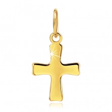 Lesklý prívesok zo žltého 14K zlata - plochý malý kríž, mierne sa rozširujúce ramená 