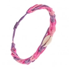 Pletený náramok s ulitou, úseky ružovej, fialovej a svetloružovej farby