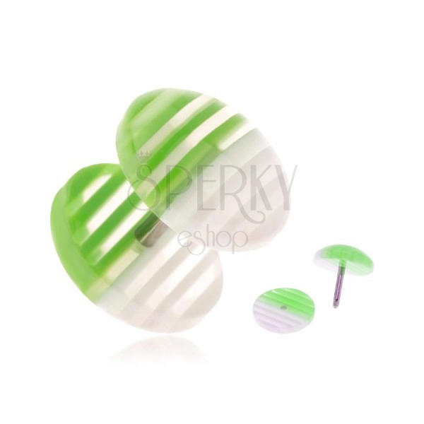 Fake plug z akrylu, priehľadné kolieska s bielymi a zelenými prúžkami