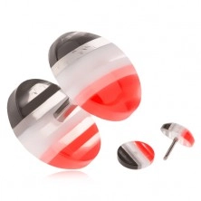 Fake plug z akrylu, vypuklé kolieska, červené, biele a čierne pruhy