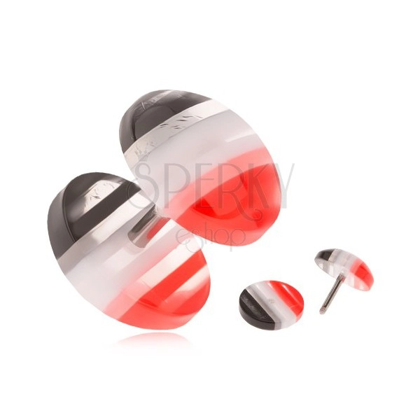 Fake plug z akrylu, vypuklé kolieska, červené, biele a čierne pruhy