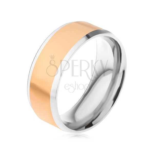 Oceľový prsteň, stredový pás zlatej farby, šikmé okraje striebornej farby