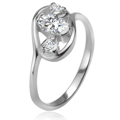 Zirkónový prsteň, obrys elipsy, tri číre brúsené kamienky, striebro 925 - Veľkosť: 62 mm