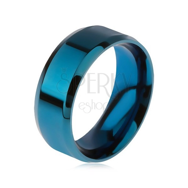 Lesklý oceľový prsteň modrej farby, skosené okraje