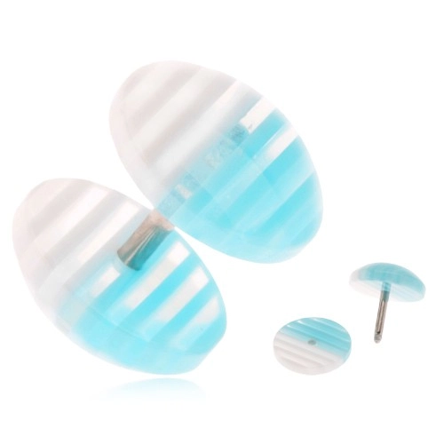 E-shop Šperky Eshop - Fake plug do ucha z akrylu, priehľadné kolieska, biele a modré prúžky I16.02