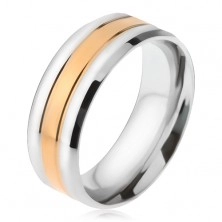 Oceľový prsteň, pásy striebornej a zlatej farby, zošikmené okraje