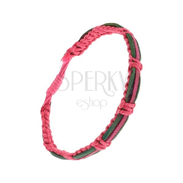 Náramok - ružový šnúrkový remienok, zelené a fuksiový pás kože