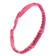 Pletený ružový náramok zo šnúrok, fuksiový pruh kože na povrchu