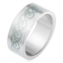 Oceľový prsteň, matný rovný povrch, ornament zo zatočených línií