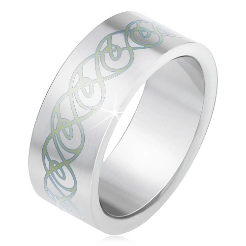Oceľový prsteň, matný rovný povrch, ornament zo zatočených línií - Veľkosť: 61 mm