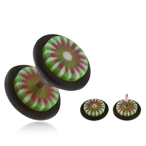 E-shop Šperky Eshop - Akrylový fake plug do ucha, kvet so zelenými a bielymi lupeňmi K5.18