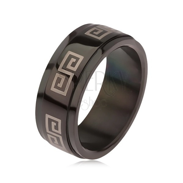 Lesklý čierny prsteň z ocele 316L, vyvýšený pás s gréckym kľúčom