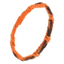 Náramok z oranžových šnúrok, hnedo-čierny pletený vrkoč na povrchu