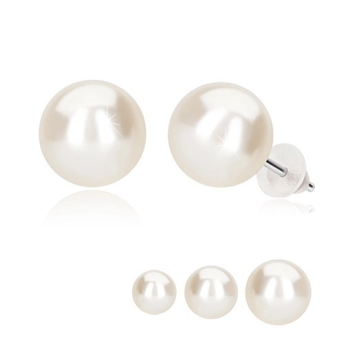 Puzetové náušnice, biela syntetická perla, striebro 925 - Hlavička: 8 mm