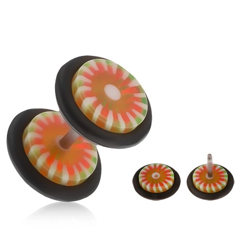 E-shop Šperky Eshop - Falošný akrylový plug do ucha, oranžovo-zelený kvet, biele lúče PC01.09