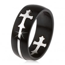Matný čierny oceľový prsteň, vyrezávaný kríž striebornej farby