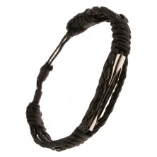 Čierny náramok - tri pletence ovinuté šnúrkou, rúrka s oválnym výrezom