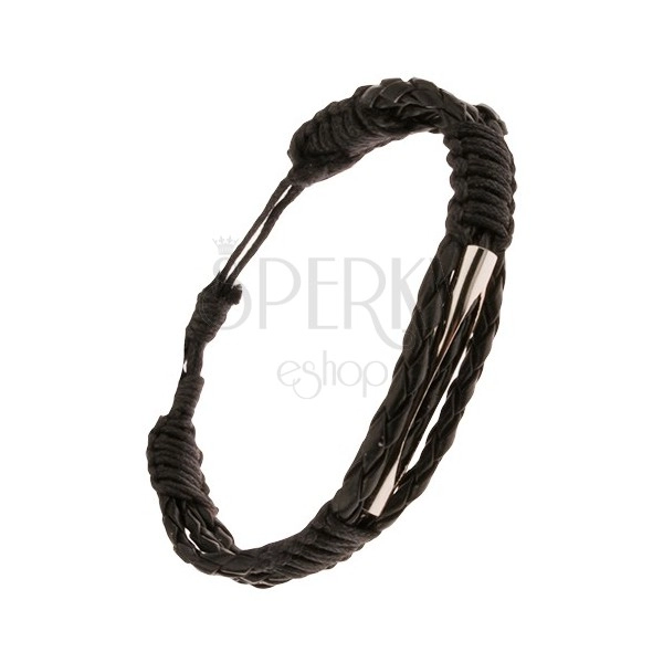 Čierny náramok - tri pletence ovinuté šnúrkou, rúrka s oválnym výrezom