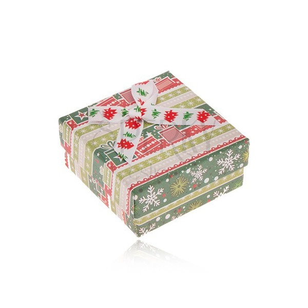 Krabička na náušnice, zeleno-červený vianočný motív, ozdobná mašľa