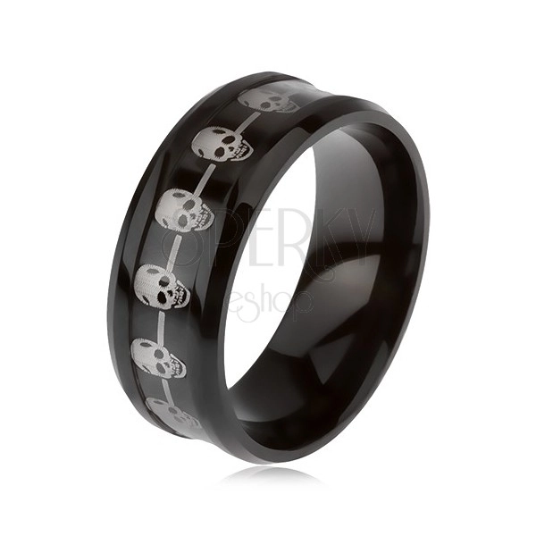 Čierny prsteň z ocele 316L, znížený stred s líniou lebiek