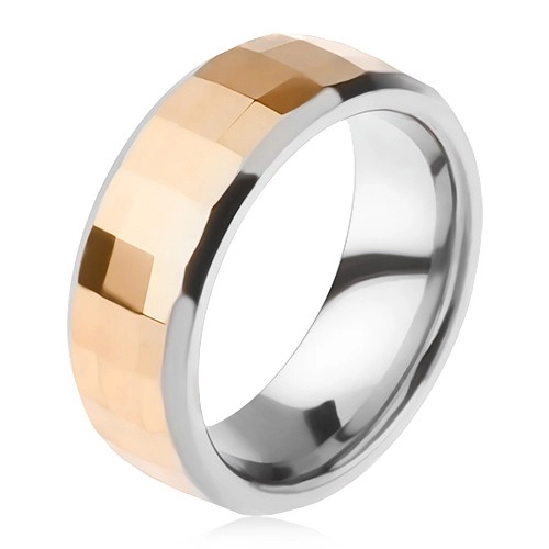 Volfrámový prsteň - dvojfarebný, geometricky brúsený pás zlatej farby - Veľkosť: 59 mm