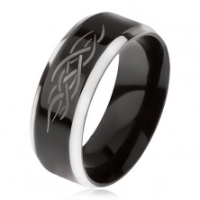 Prsteň z ocele, čierny stredový pás, skosené hrany, keltský ornament