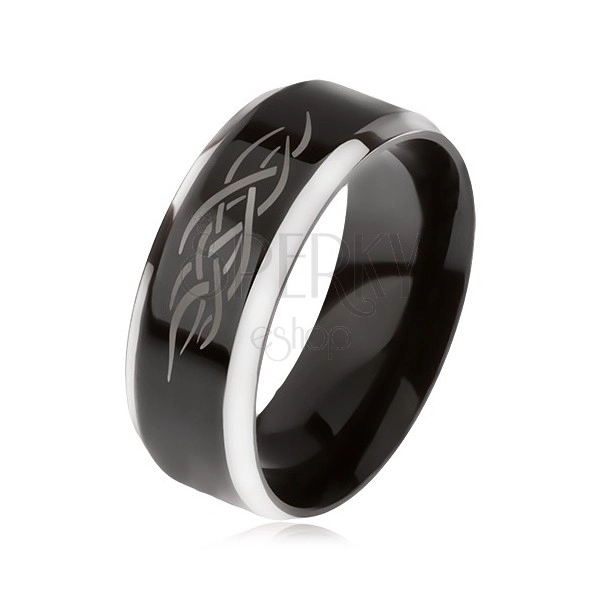 Prsteň z ocele, čierny stredový pás, skosené hrany, keltský ornament