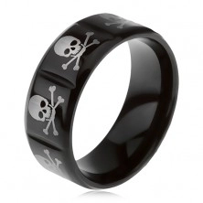 Oceľový prsteň čiernej farby - zvislé zárezy, lebky s prekríženými hnátmi