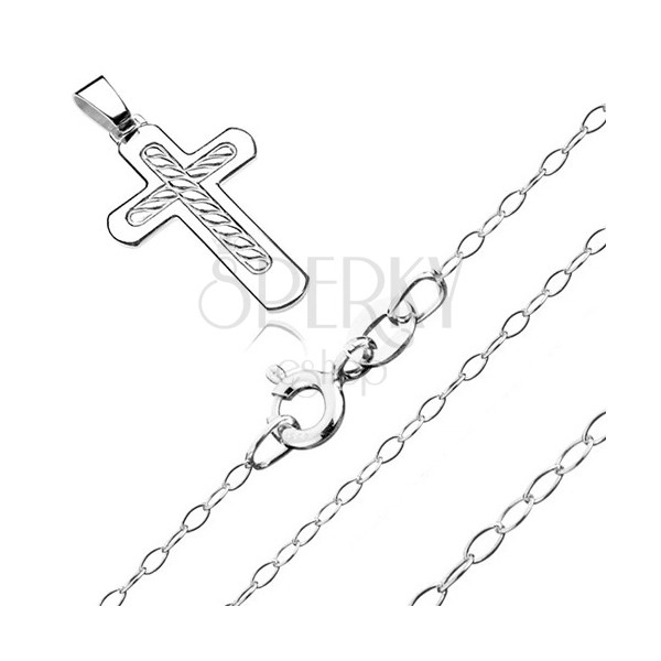 Strieborný 925 náhrdelník - kríž s pleteným lanom v strede, ligotavá retiazka