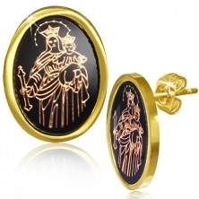 Náušnice z ocele, zlatá farba, Panna Mária a Ježiško na čiernom podklade