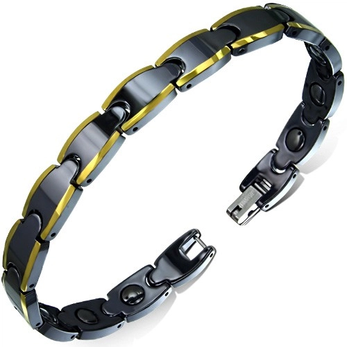 E-shop Šperky Eshop - Lesklý čierny náramok z wolfrámu, okrajové prúžky zlatej farby S63.22