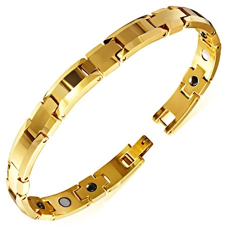 E-shop Šperky Eshop - Lesklý náramok z wolfrámu zlatej farby, skosené okraje, magnetické guľôčky X27.4