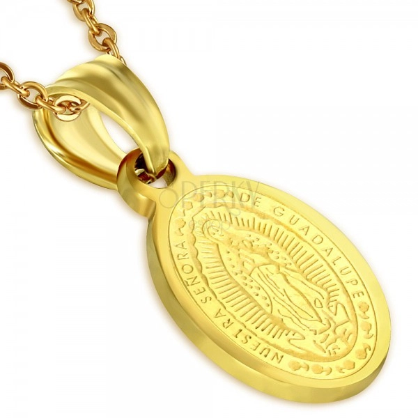 Oceľový medailón zlatej farby, Nanebovzatie Panny Márie, 11 x 15 mm