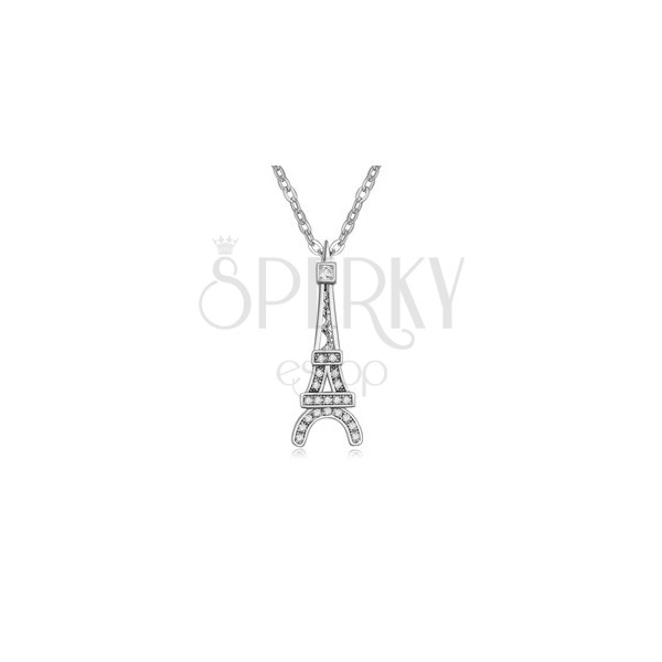 Lesklý náhrdelník s príveskom Eiffelovej veže, číre kamienky