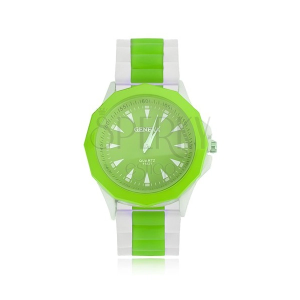 Analógové hodinky zeleno-bielej farby, zelený ciferník, silikónový remienok