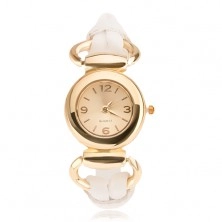 Náramkové hodinky - ciferník zlatej farby, lesklý biely ozdobný remienok