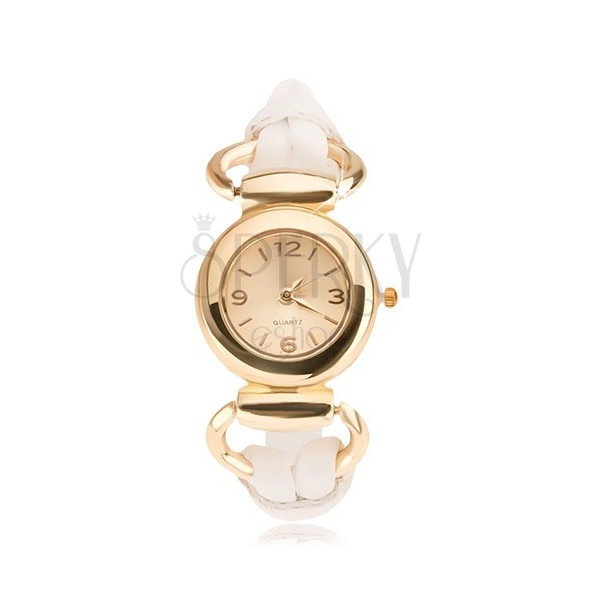 Náramkové hodinky - ciferník zlatej farby, lesklý biely ozdobný remienok