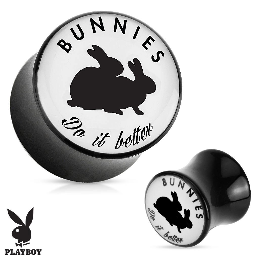 E-shop Šperky Eshop - Čierny sedlový plug do ucha z akrylu " Bunnies do it better" S68.06/14 - Hrúbka: 25 mm