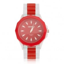 Náramkové hodinky, červený ciferník, silikónový bielo-červený remienok