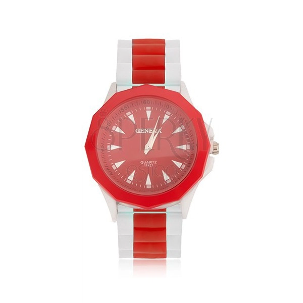 Náramkové hodinky, červený ciferník, silikónový bielo-červený remienok