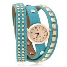 Náramkové hodinky, modrozelený vybíjaný remienok, oranžovožltý ciferník, zirkóny