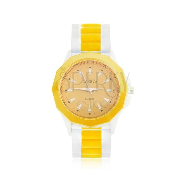 Analógové hodinky žlto-bielej farby, žltý ciferník, silikónový remienok