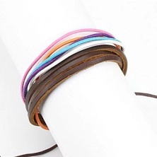 Multináramok - farebné šnúrky, tri čokoládovohnedé prúžky kože