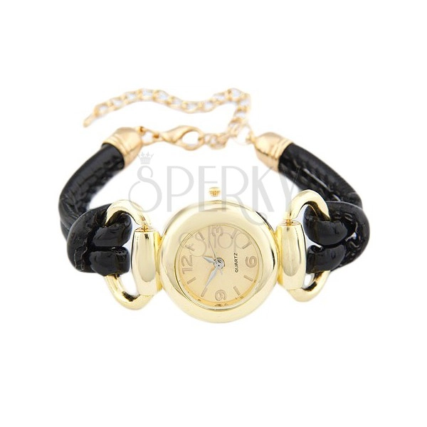 Náramkové hodinky - ciferník zlatej farby, lesklý čierny ozdobný remienok