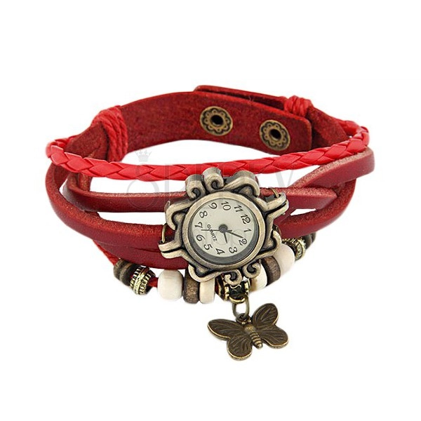 Náramkové hodinky, ozdobne vyrezávané, červený pletený remienok, korálky