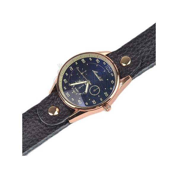 Náramkové hodinky - veľký tmavomodrý ciferník, čierny koženkový remienok