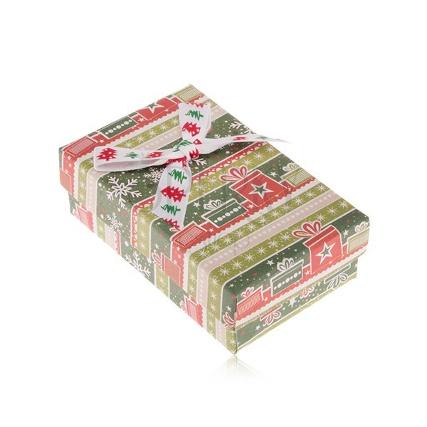 Krabička na náušnice a prsteň, zeleno-červený vianočný motív, ozdobná mašľa