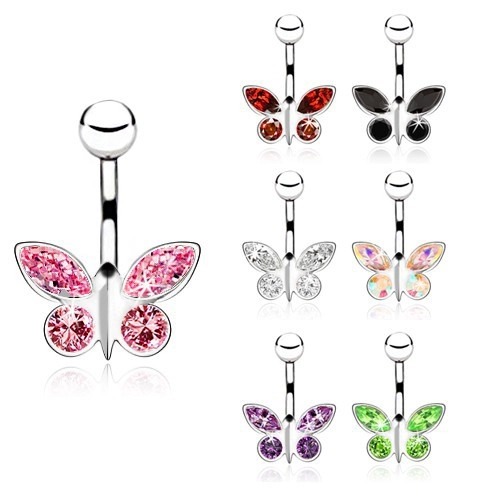 Piercing z ocele do pupku, zirkónový motýľ - rôzne farby - Farba zirkónu: Ružová - P